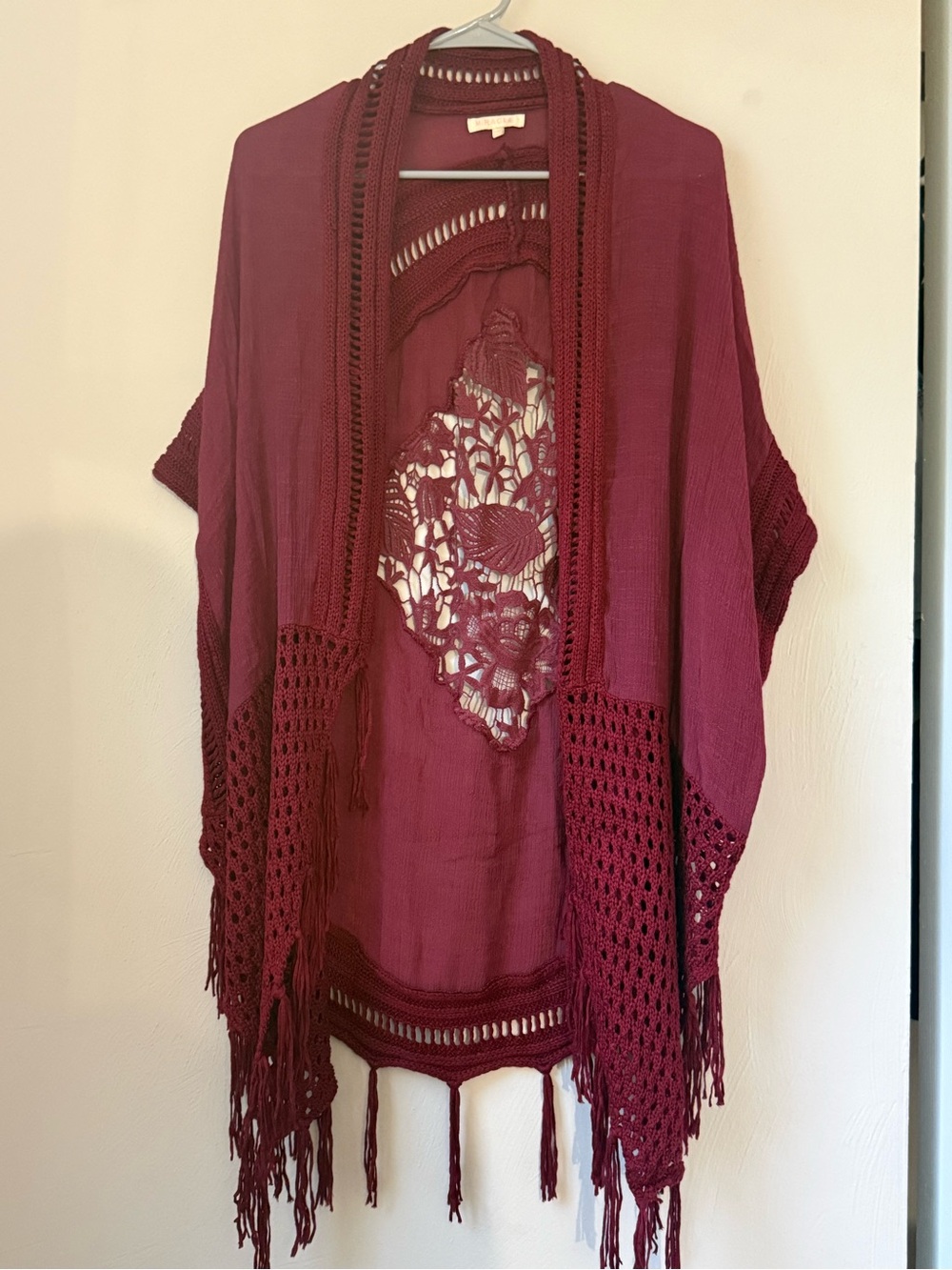 Miracle Open Crochet Fringe Cardigan - Wine Red